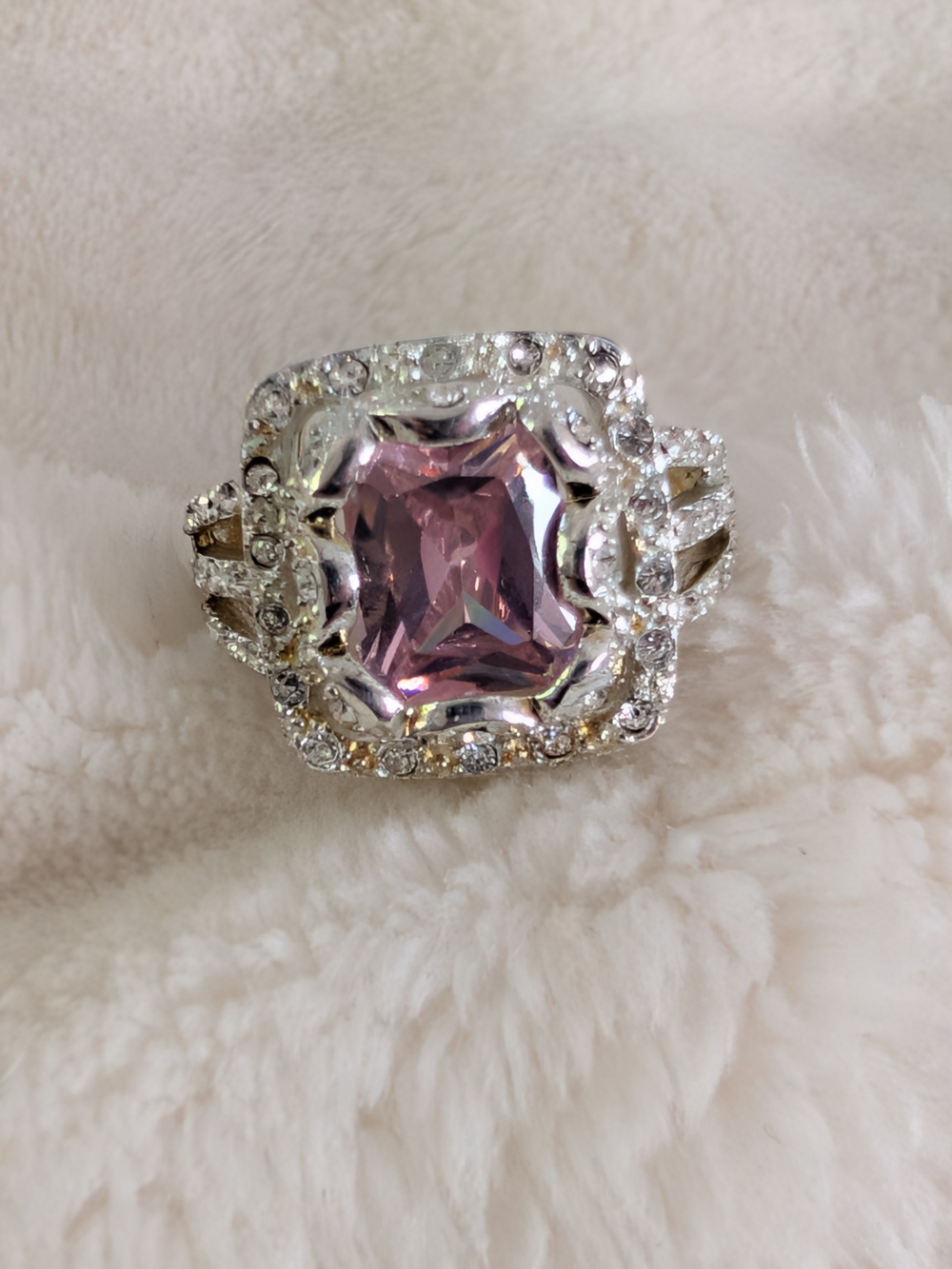 925 Sterling Silver Pink CZ Cocktail Ring Rhodium Plated Size 8 Statement
